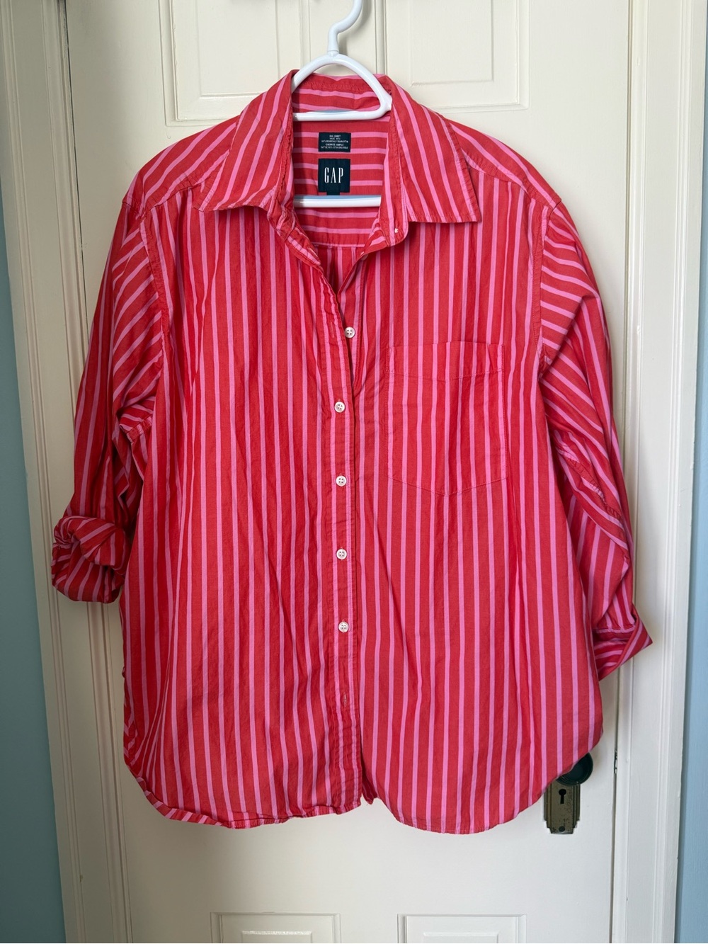 GAP 100% cotton Striped Button-Down Big Shirt - Bright Pink & Fuchsia